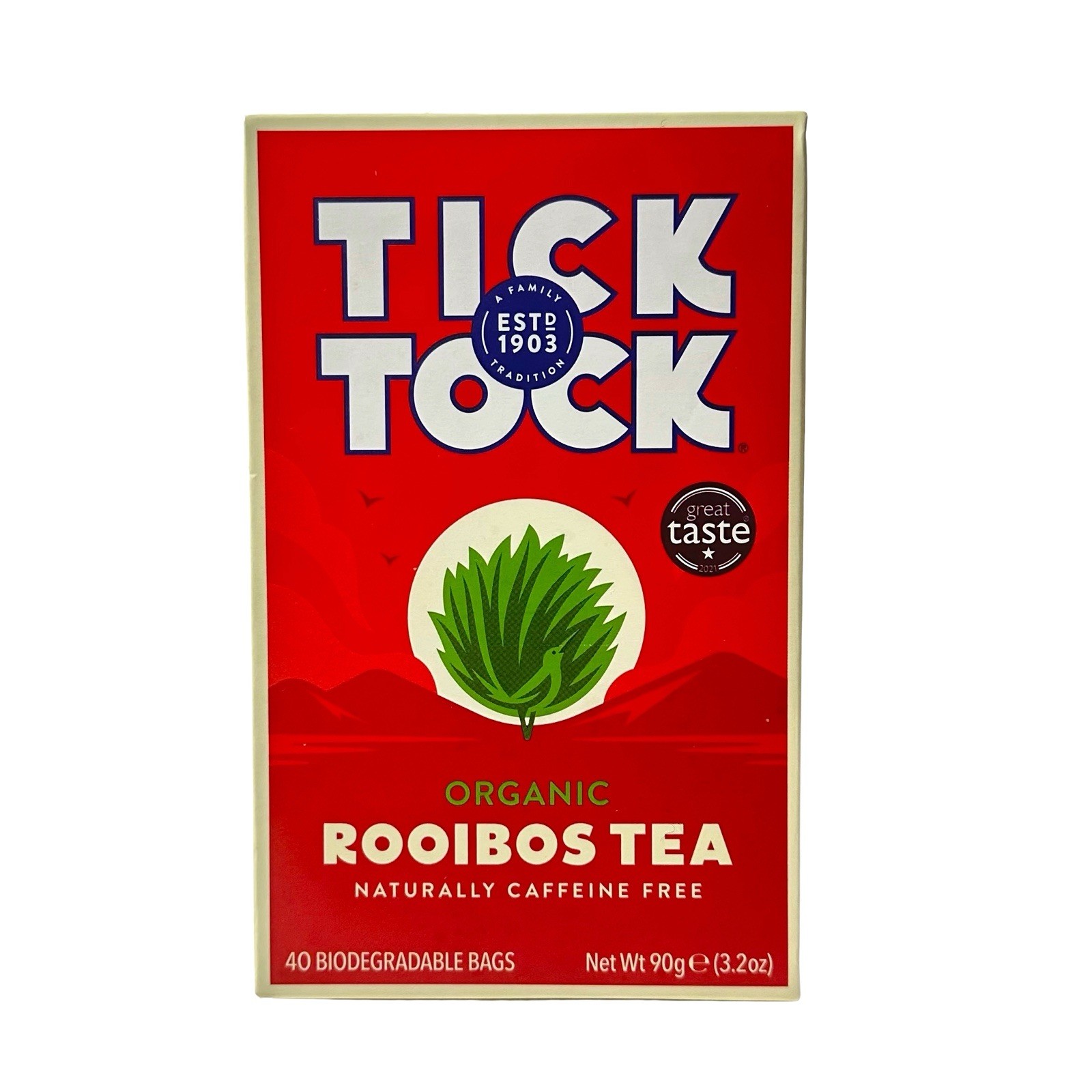 Tick Tock Rooibos Tea Organic Caffeine Free Box 40 Biodegradable Bags 90g 3.2oz