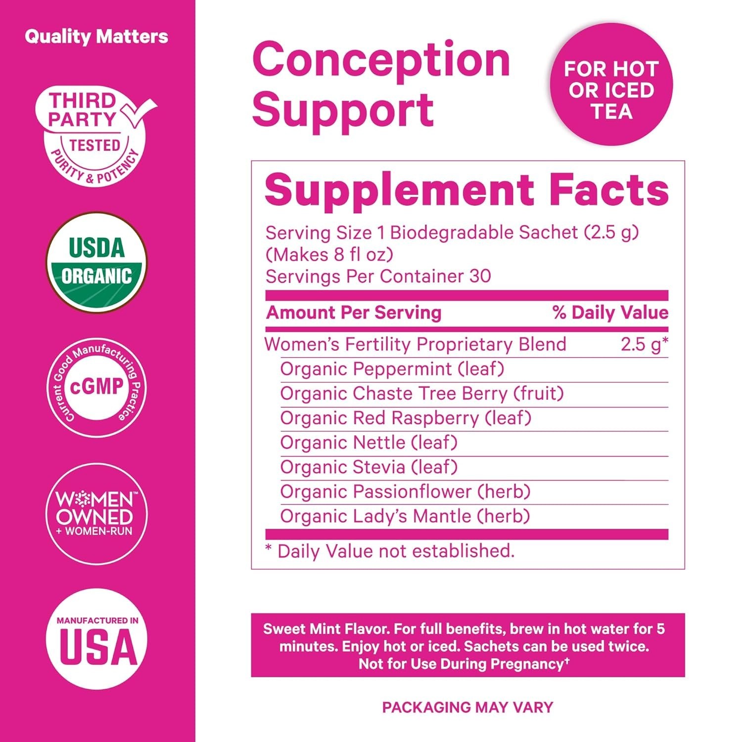 Organic Fertility Tea – Caffeine-Free Sweet Mint for Hormone Balance, 15 Sachets