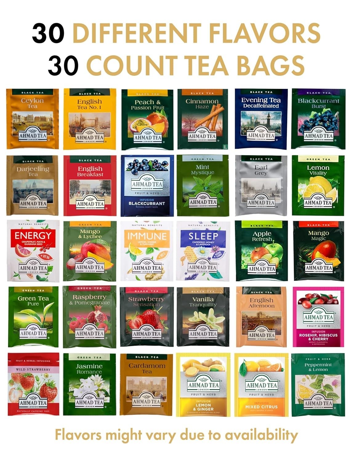 Individually Wrapped 30 Flavors Ahmad Tea Sampler – Fresh & Allergen-Free