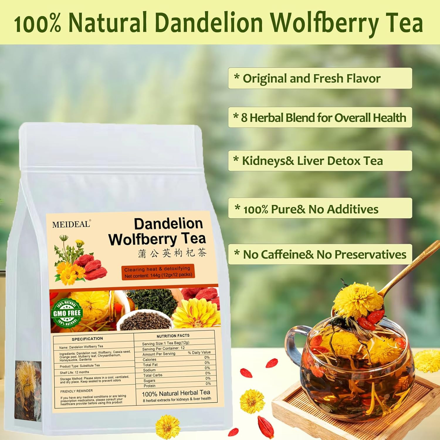Dandelion Wolfberry Tea, 12 Pcs Organic Dandelion Tea for Kidneys & Liver Health