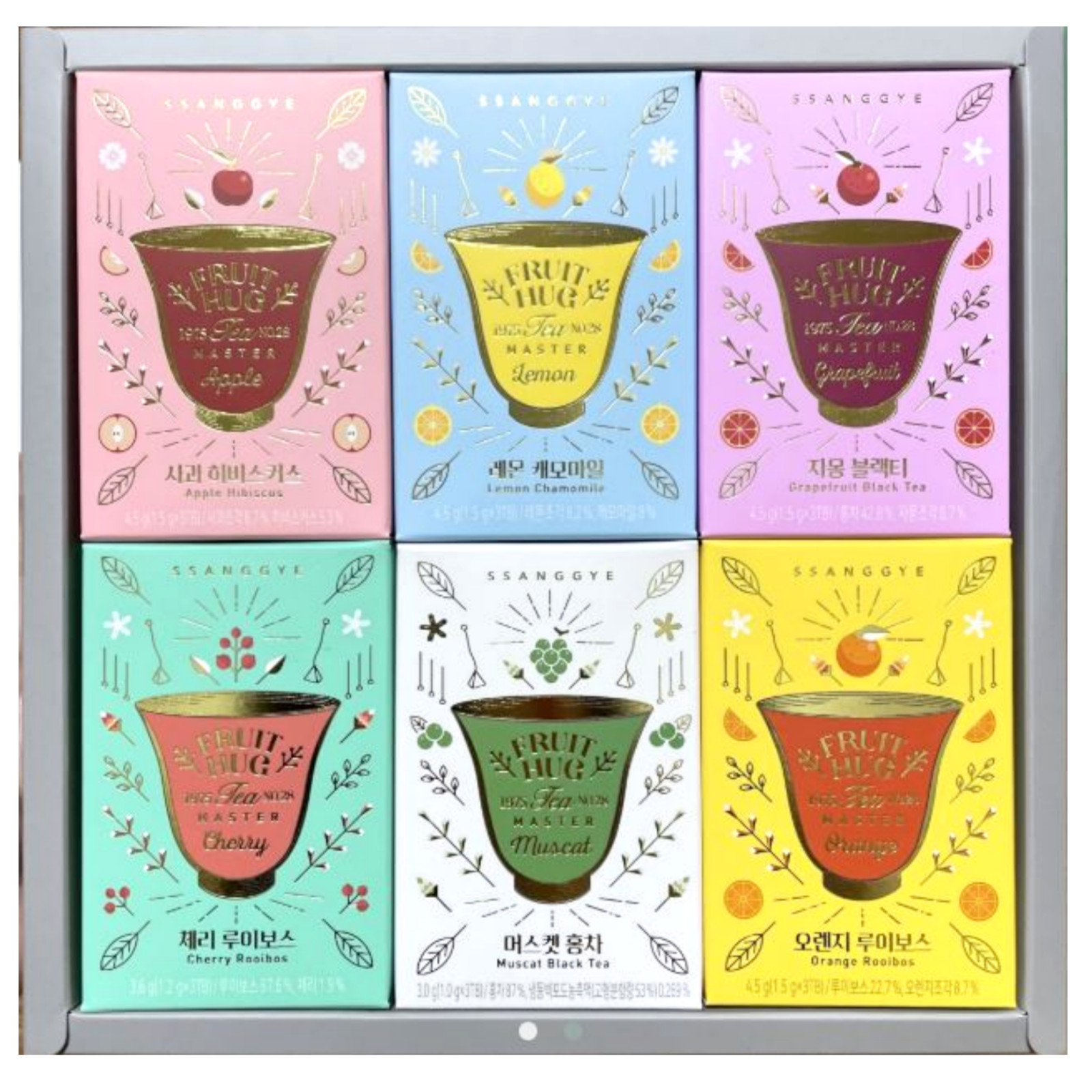Ssanggye Premium Korean Fruit Hug Dried Tea Blend 6 Flavors x 3 Pyramid Tea Bags