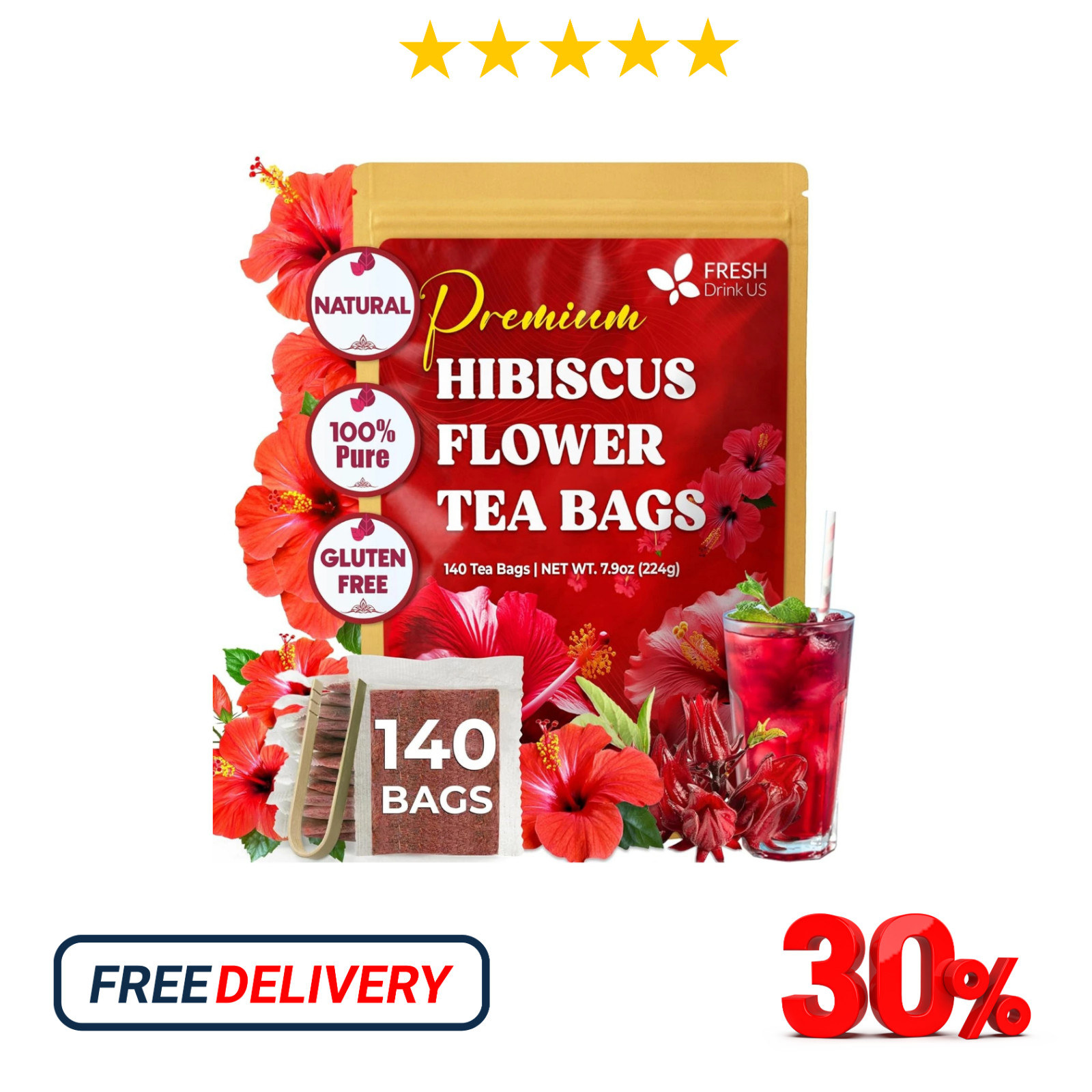 , Premium 140 Hibiscus Flowers Tea Bags, 100% Natural, Handmade & Pure from Hibi