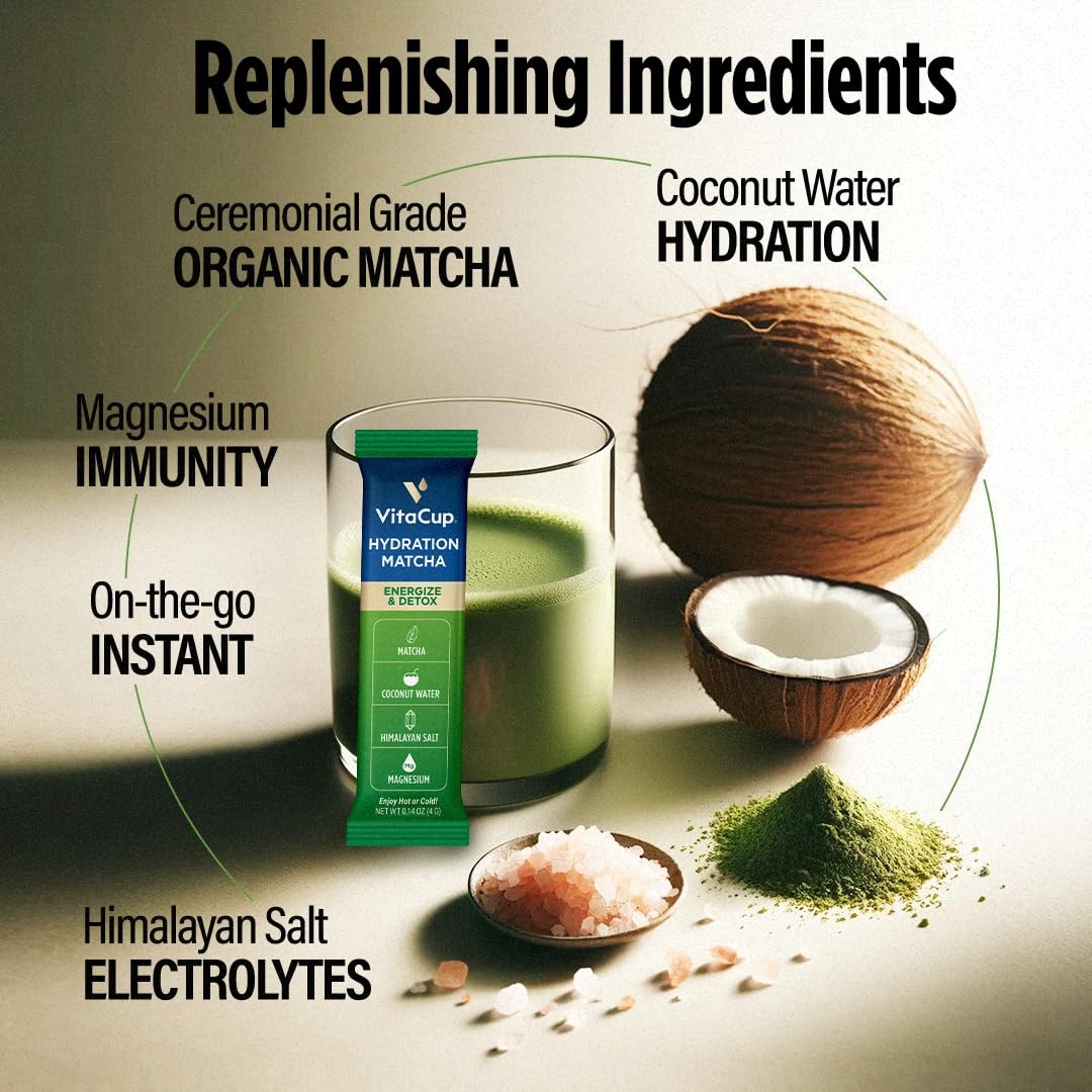 VitaCup Hydration Matcha Instant Packets, for Natural Energy and Detox, w/Ele…
