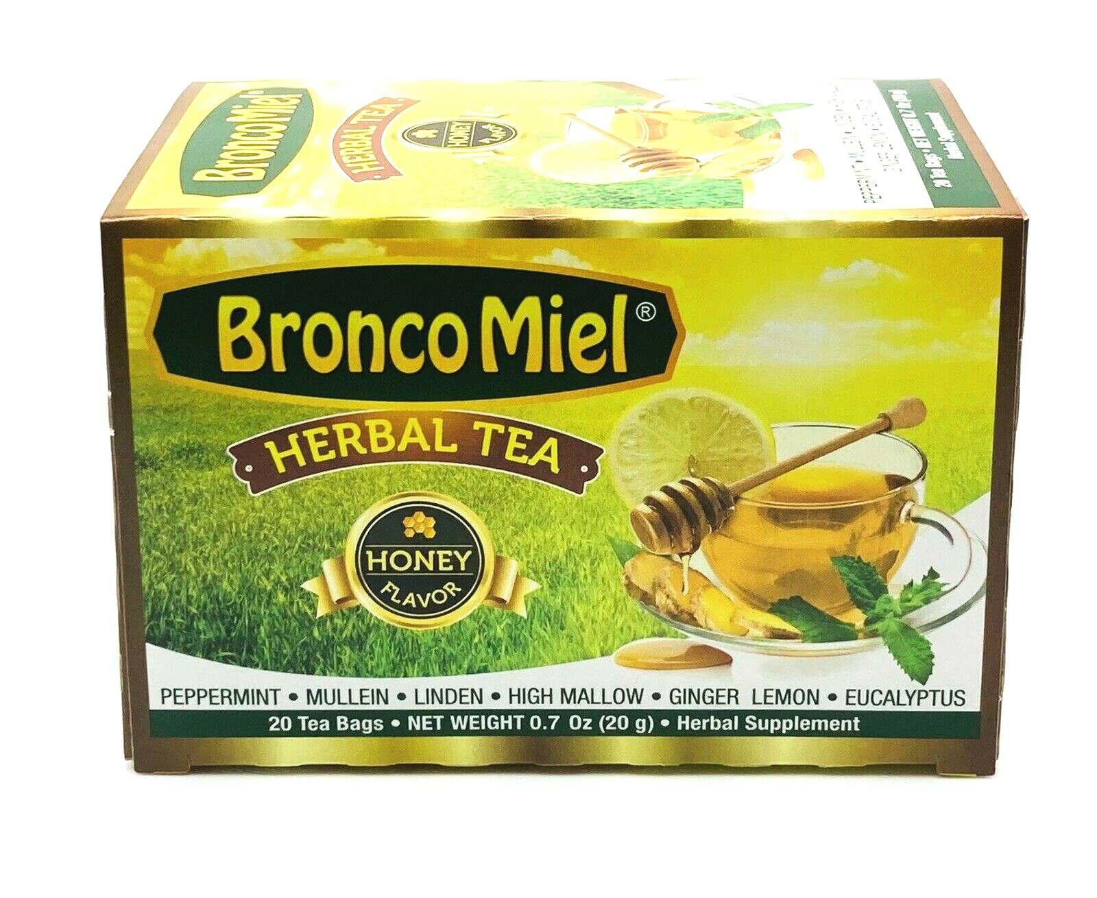 Bronco Miel Herbal Tea Honey Flavor 20 Bags Each – 2 Boxes Peppermint Eucalyptus