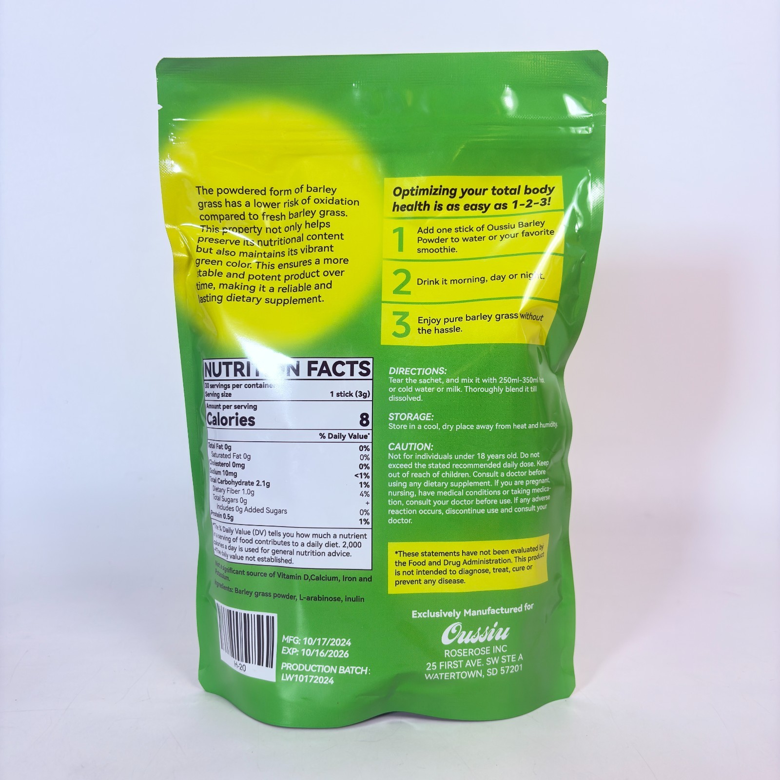 Oussiu Barley Grass Powder 30 3g Sticks Drink Mix Prebiotic Fiber Vegan GMP ISO