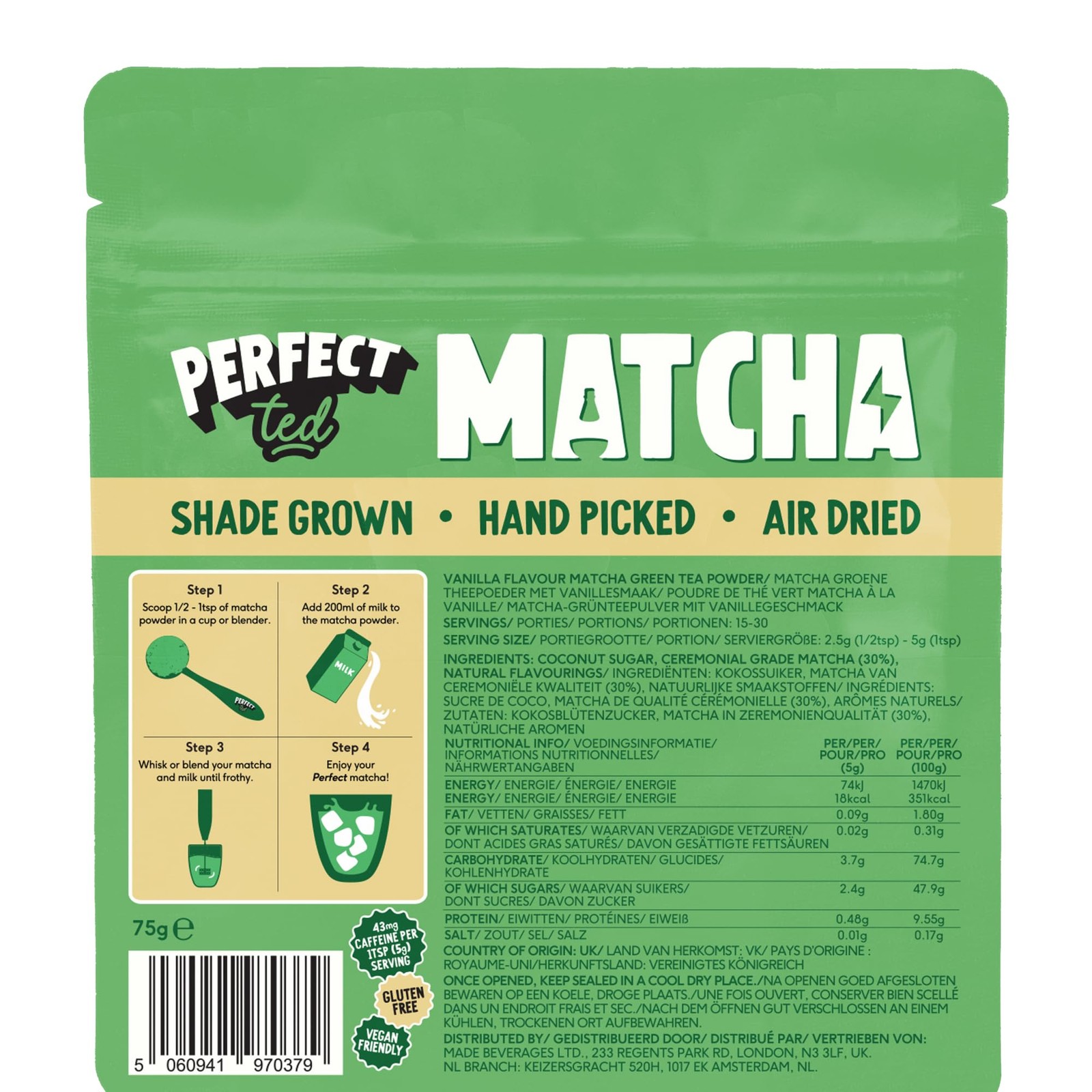 Perfect Ted Matcha Powder | Vanilla Bean Flavor 75g |