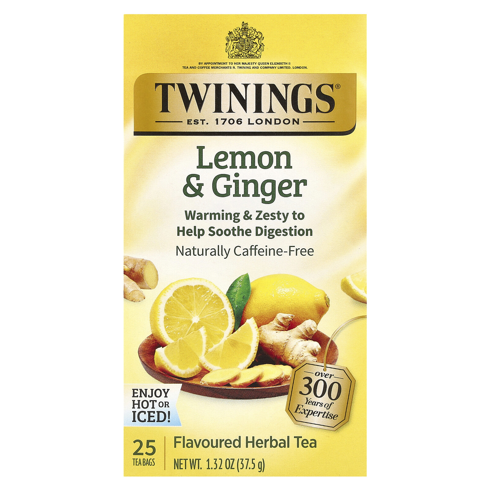 Flavoured Herbal Tea, Lemon & Ginger, Caffeine Free, 25 Tea Bags, 1.32 oz (37.5