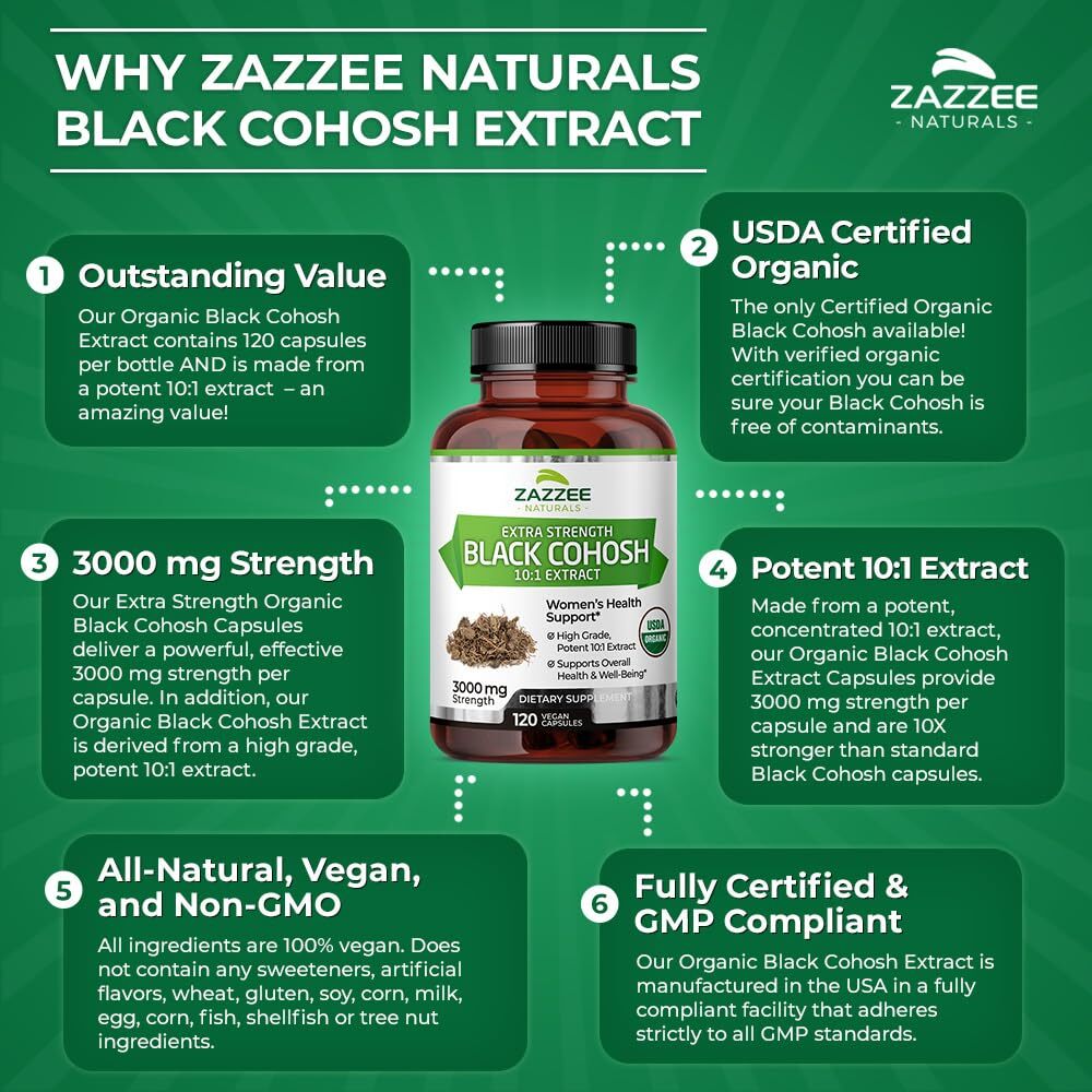 Zazzee Black Cohosh 3000mg 10:1 Extract 120 Vegan Caps Organic USA