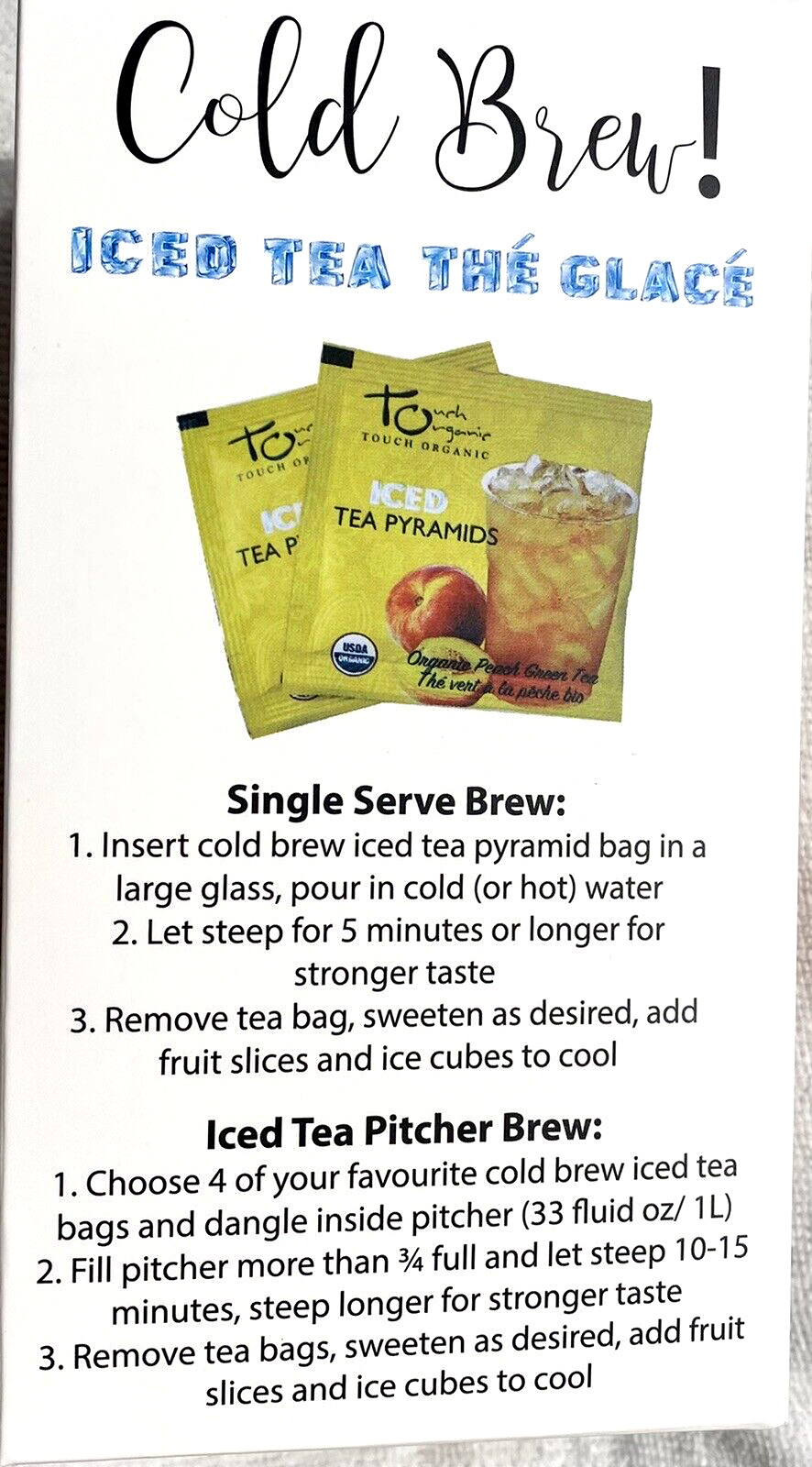 ICED TEA Cold Brew PEACH GREEN Tea w/ Matcha 30 Bags 2.12 oz by Touch Organic