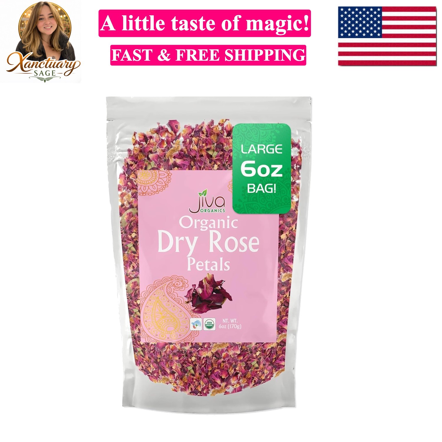 Jiva USDA Organic Dried Red Rose Petals 6 Oz 170g Large Bag – Food Grade, Edi…
