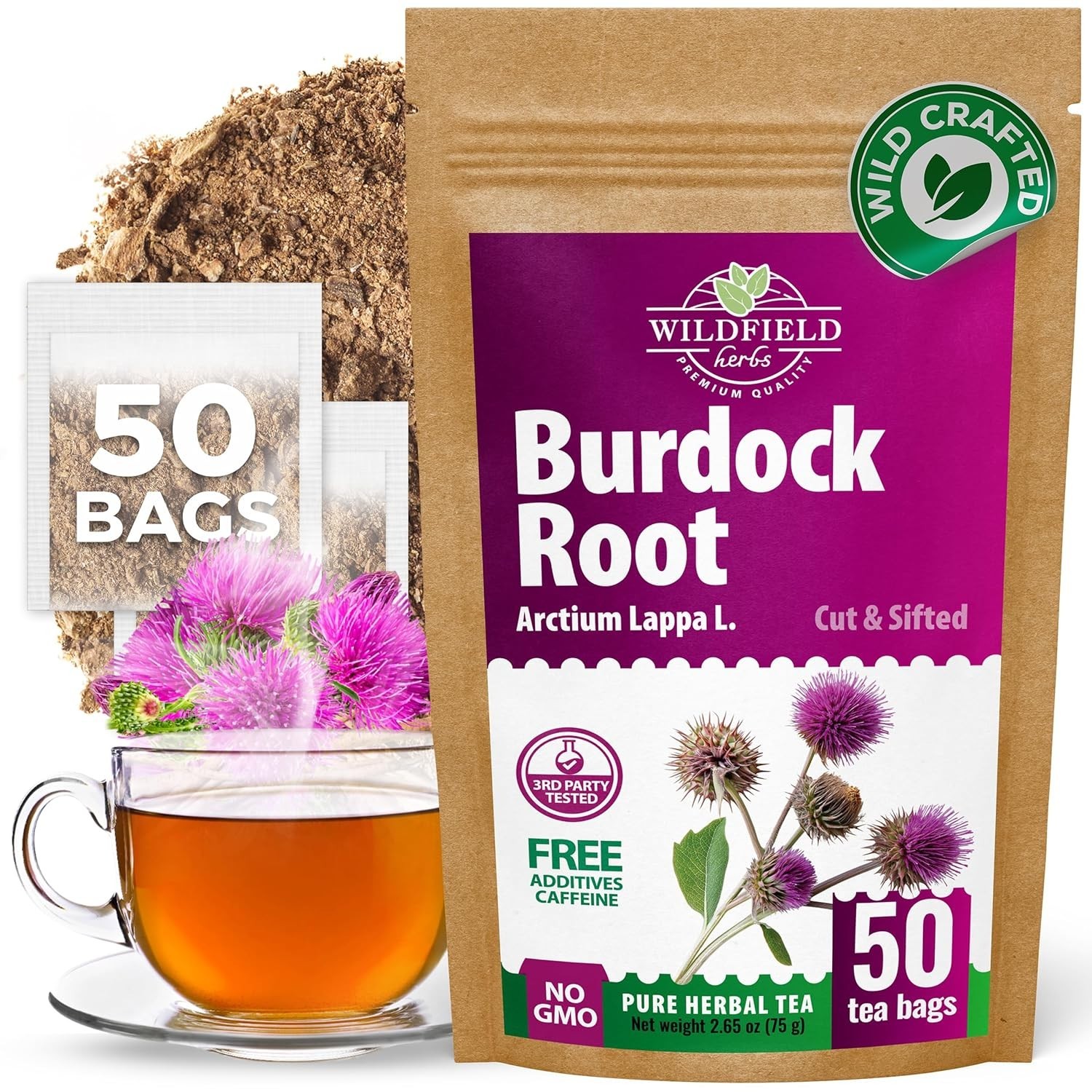 High-Quality Burdock Root Herbal Tea – 50 Bags of Decaffeinated Wellness
