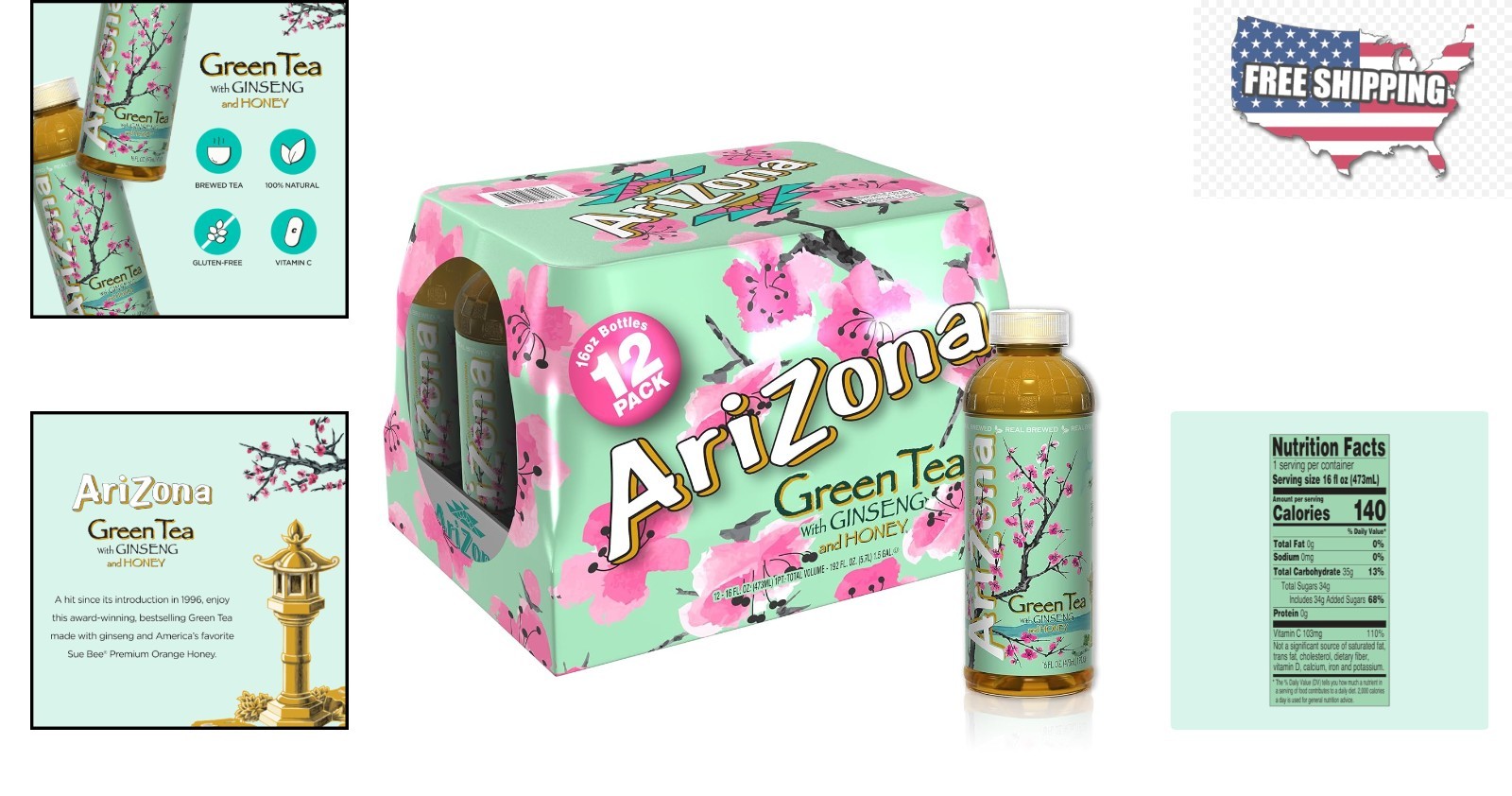 Brewed Green Tea with Ginseng and Honey – 16 Fl Oz, 12 Refreshing Bottles