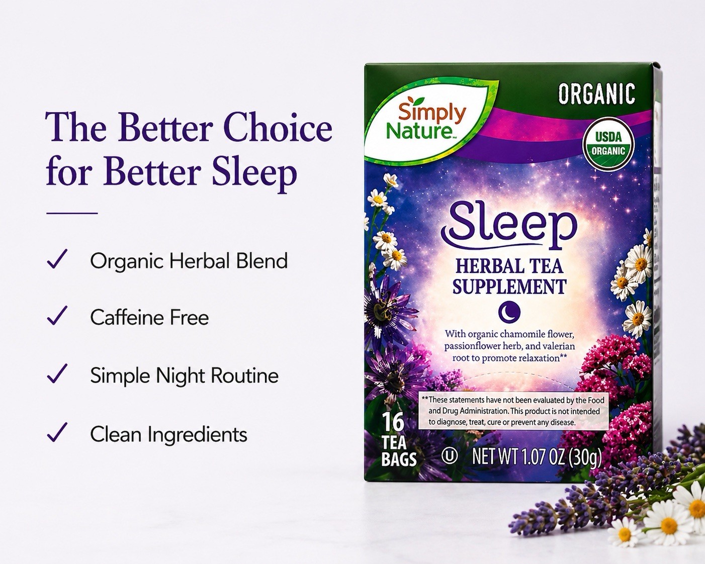 Organic Sleep Tea Chamomile Valerian Root Herbal Blend Nighttime Relaxation 16Ct