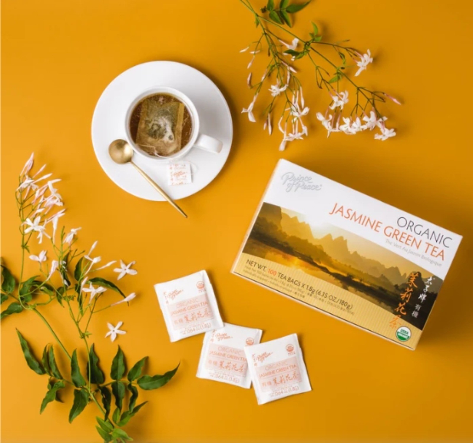 100% Organic Jasmine Green Tea, 100 Tea Bags Each Box -Prince of Peace