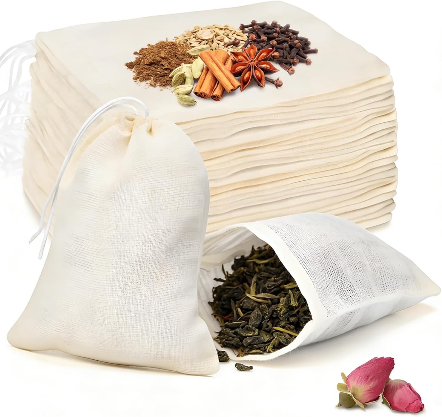 50 Pcs Tea Bags for Loose Leaf Tea, Reusable Tea Bags, Natural Unbleached Cot…