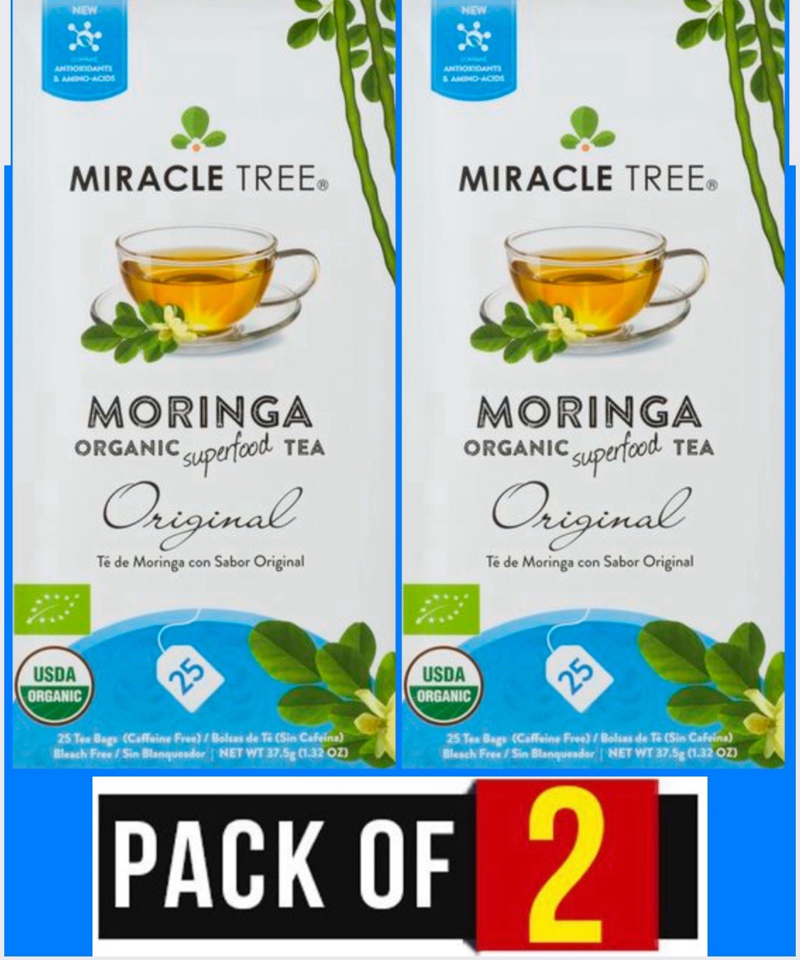 Moringa Tea Organic Miracle Tree Original Total 50 Tea Bags USDA Organic 2 BOX
