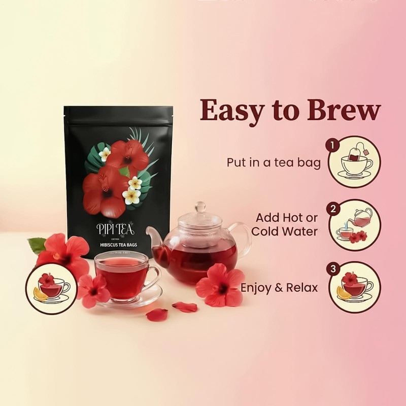 PiPi Tea Organic Hibiscus Tea Bags – Caffeine Free Herbal Tea Rich in Antioxi