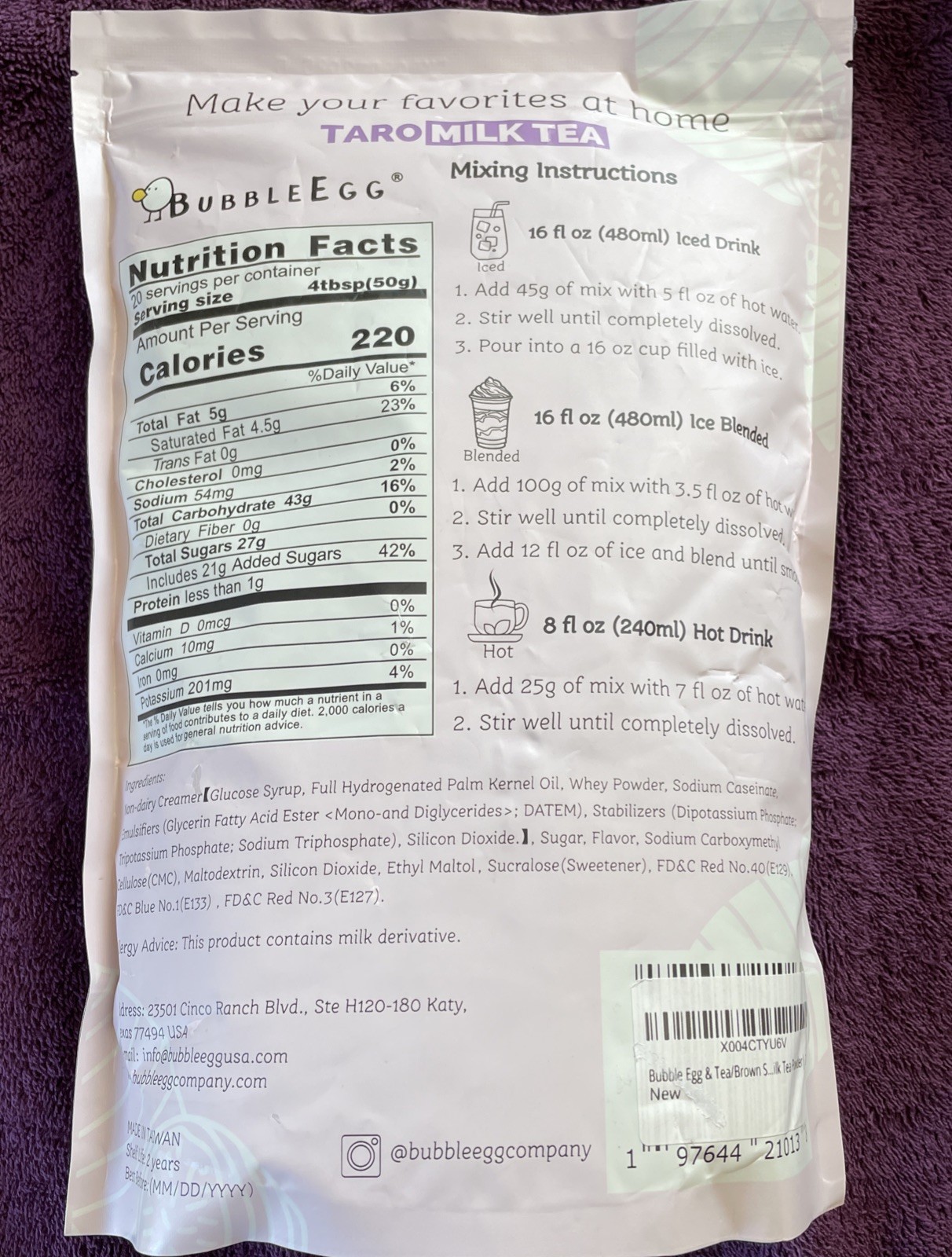 BubbleEgg Taro Milk Tea Premium Blended Powder Mix-Taiwan, 2.2 lbs