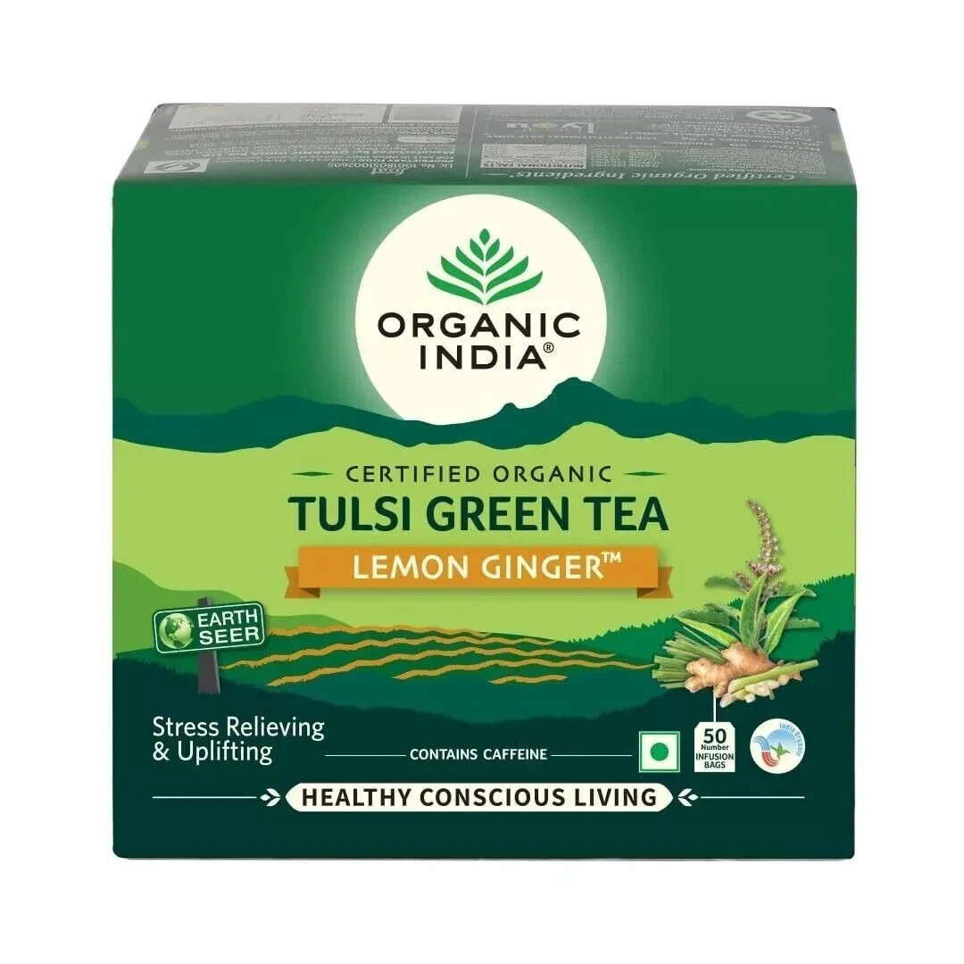 ORGANIC INDIA Tulsi Green Tea Lemon Ginger 50 Teabags Free Shipping World Wide
