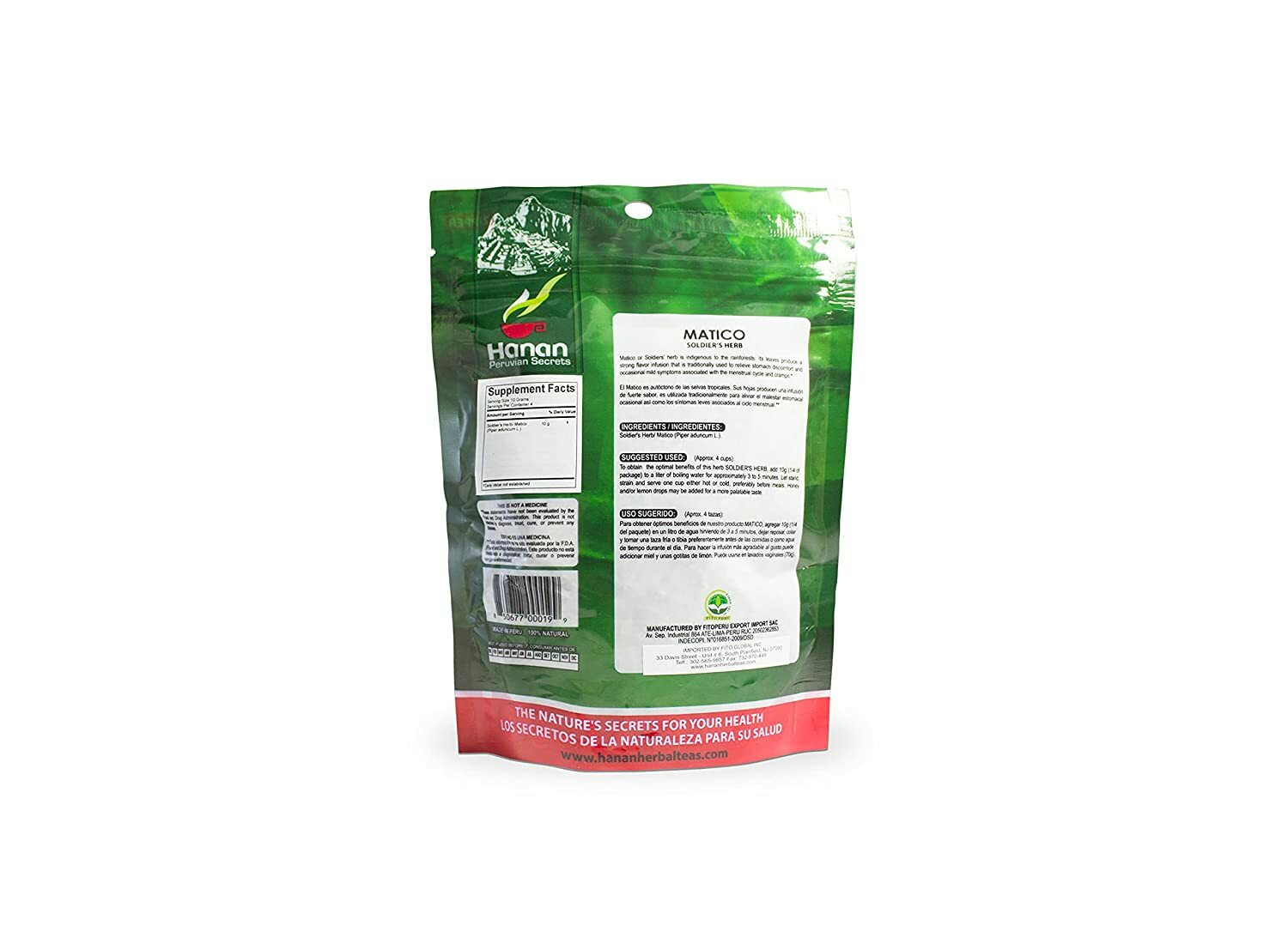 Hanan Peruvian Secrets Matico|100% Natural Soldier’s Herb|1.41oz / 40g|Aids with