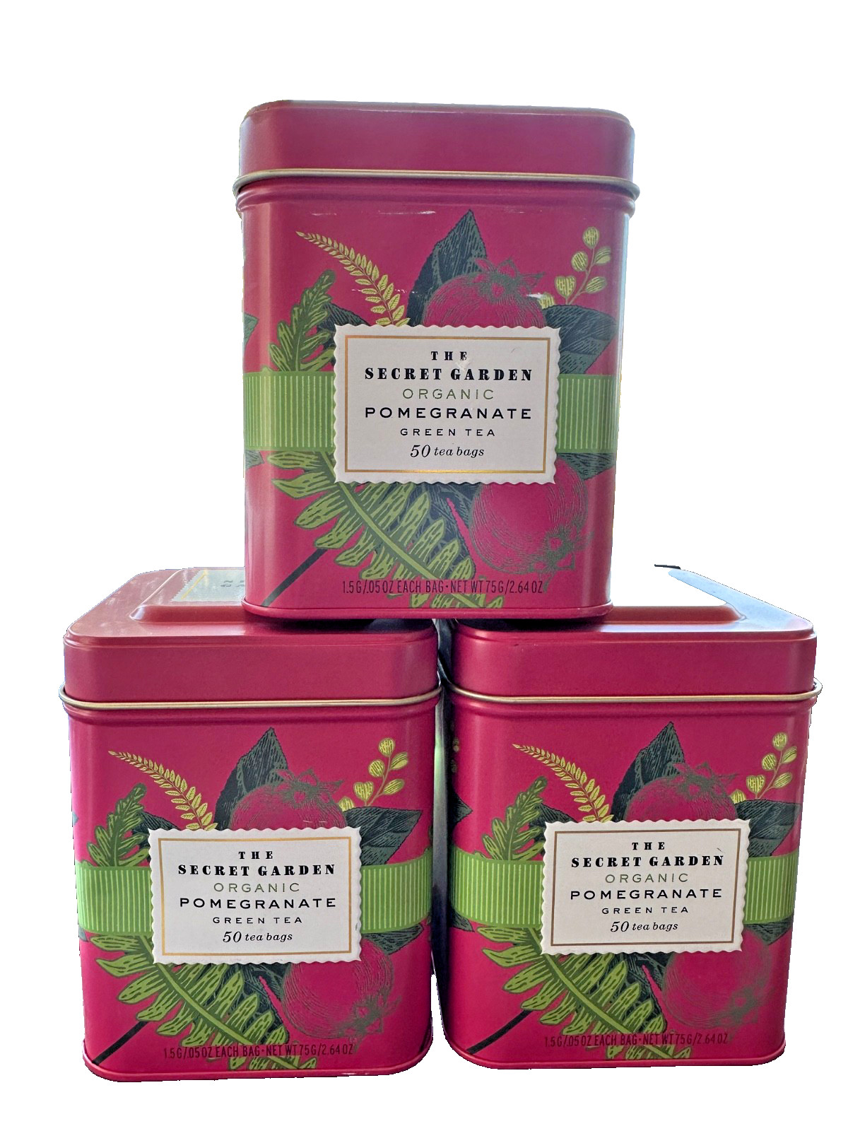 The Secret Garden Organic Pomegranate Green Tea 50 Bags (3 Tins) BBD 12/25