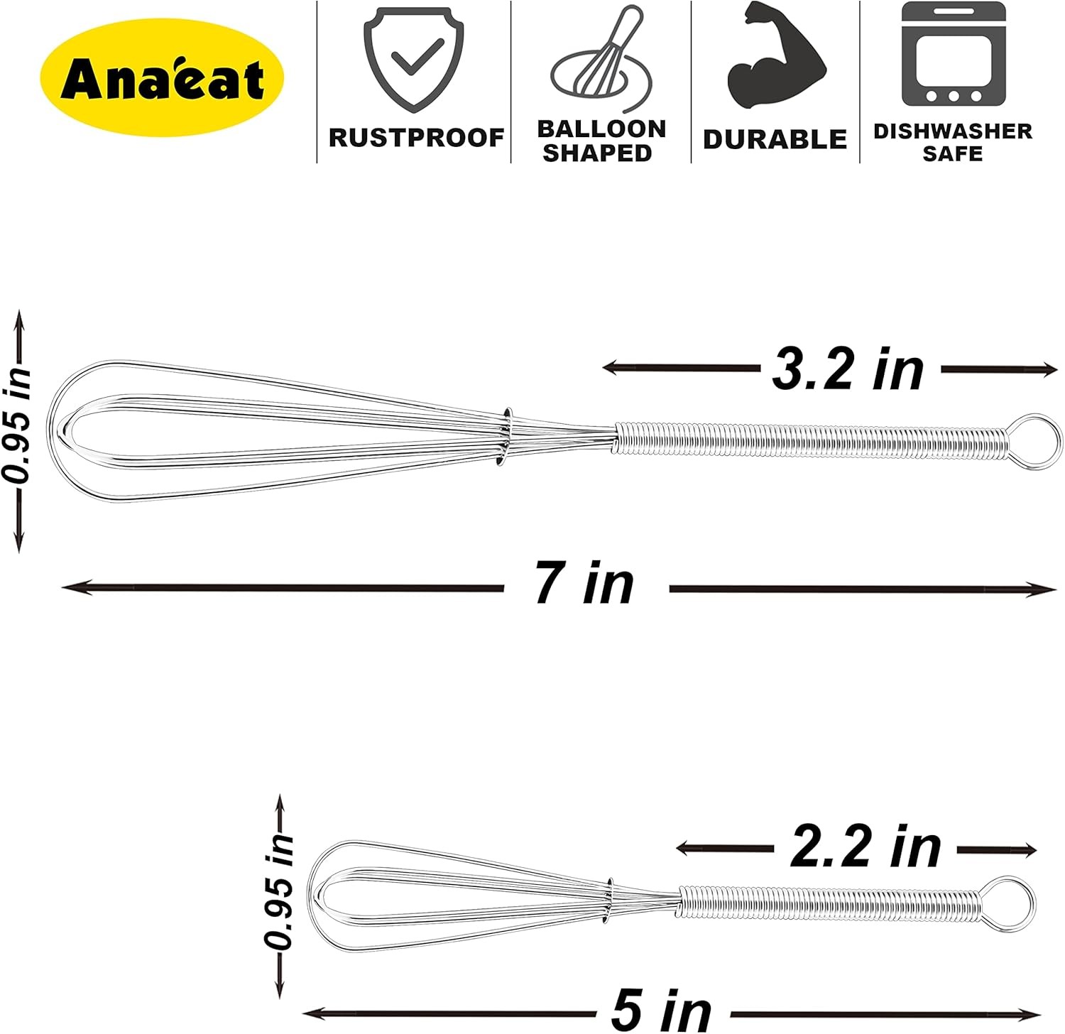 Anaeat Mini Wire Whisks, Set of 2 Portable Stainless 5+7 inches, Silver 2Pcs