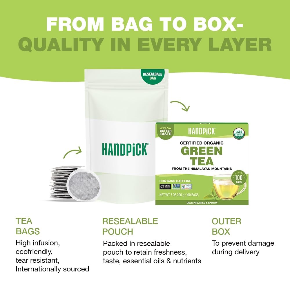Organic Green Tea Bags – 100 Eco-Friendly, USDA Certified, Resealable Pack