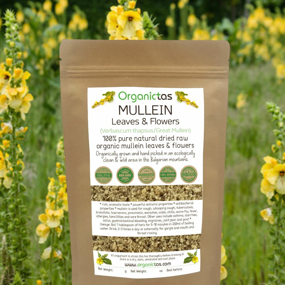 Organic MULLEIN Leaves & Flowers Cut Herbal Tea (Verbascum Thapsus) Grade A 100g