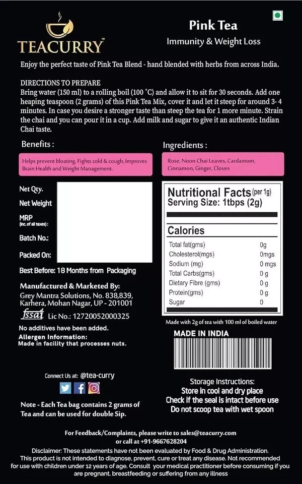 TEACURRY Noon Chai Leaves – 250 Gms, Pink
