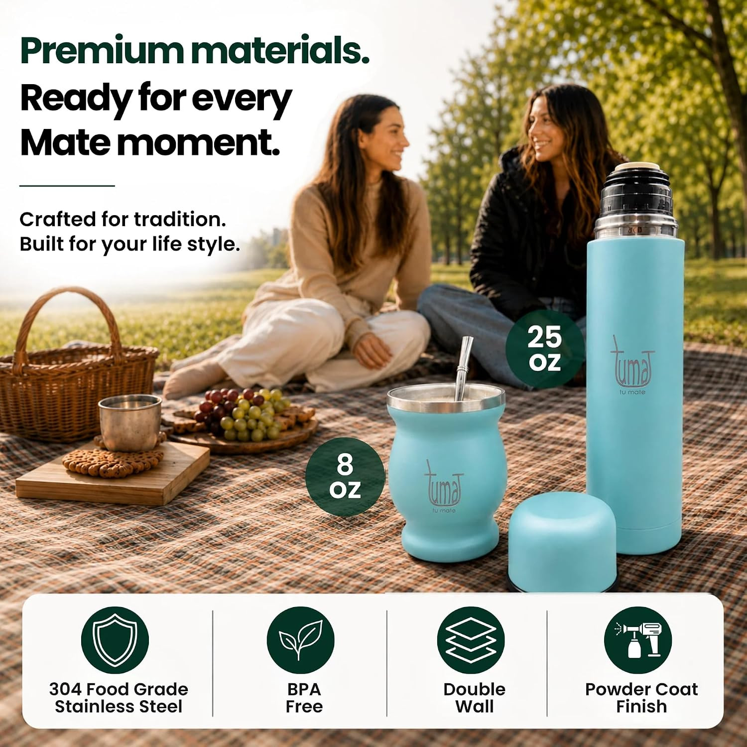 TUMA TU MATE Complete Yerba Mate Kit – Stainless Steel Mate Cup Set, Bombilla (S