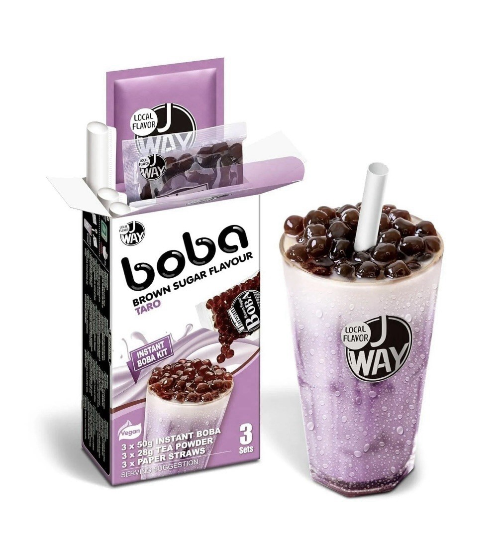 J Way Instant Boba Taro Milk Tea with Brown Sugar Pearls, 3 Drink Kit, 8.25. oz