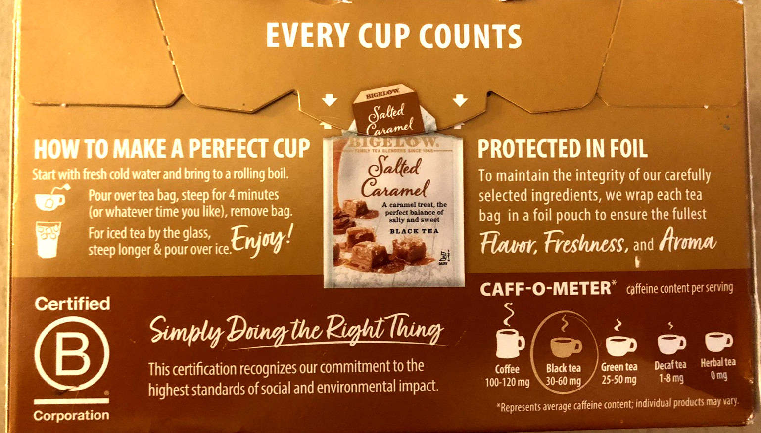 BIGELOW Salted Caramel Black Tea Caffeinated 18 individual wrapped pouches 5/28