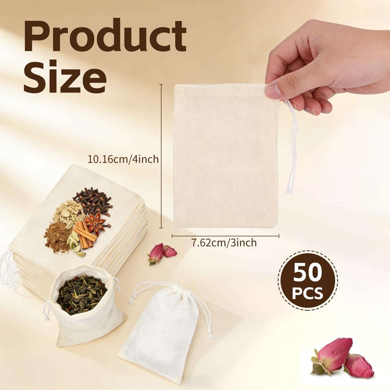 50 Pcs Tea Bags for Loose Leaf Tea, Reusable Tea Bags, Natural Unbleached Cot…