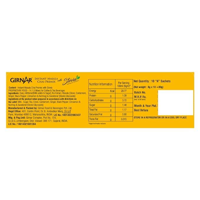 Girnar Instant Masala Chai Premix With Stevia Black Tea Granules-10 Sachets,90 G