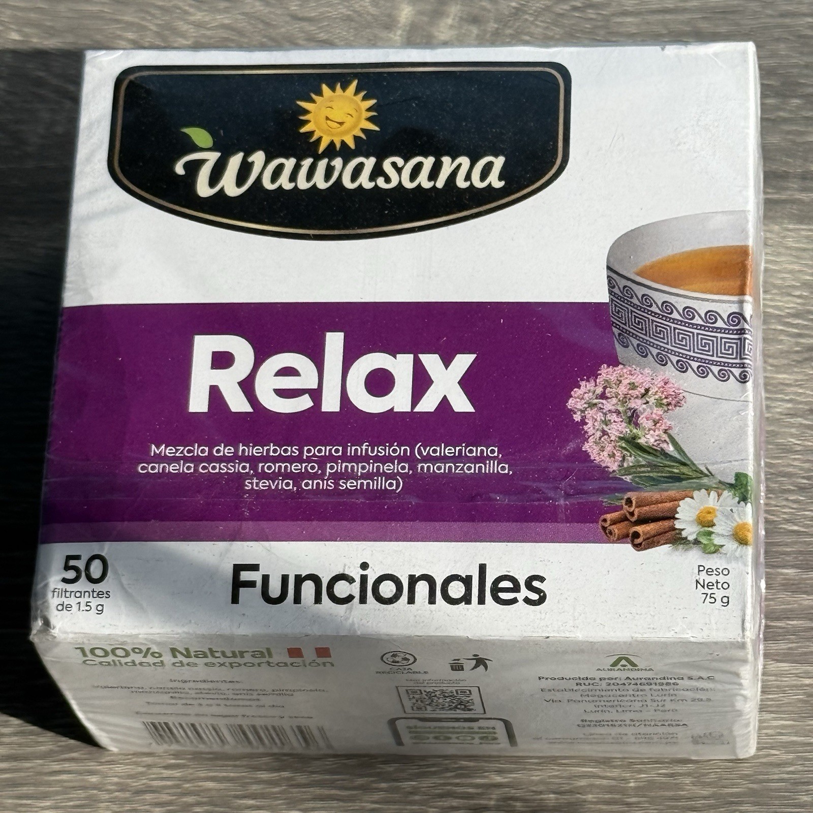Wawasana Relax 50Tea Bags Peruvian Herbal 100%Natural Mix Herbs Made in Peru 75g