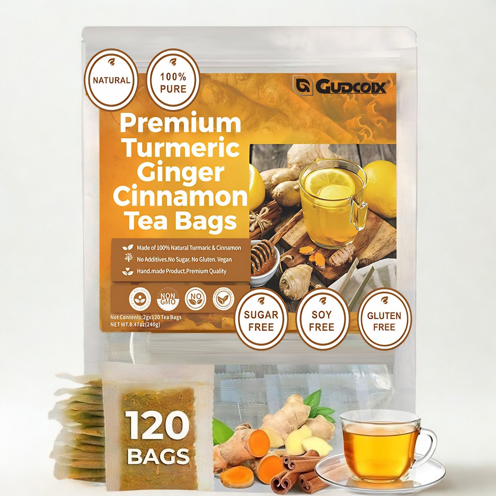 120 Premium Turmeric Ginger Cinnamon Tea Bags, 100% Natural &No Additive Support