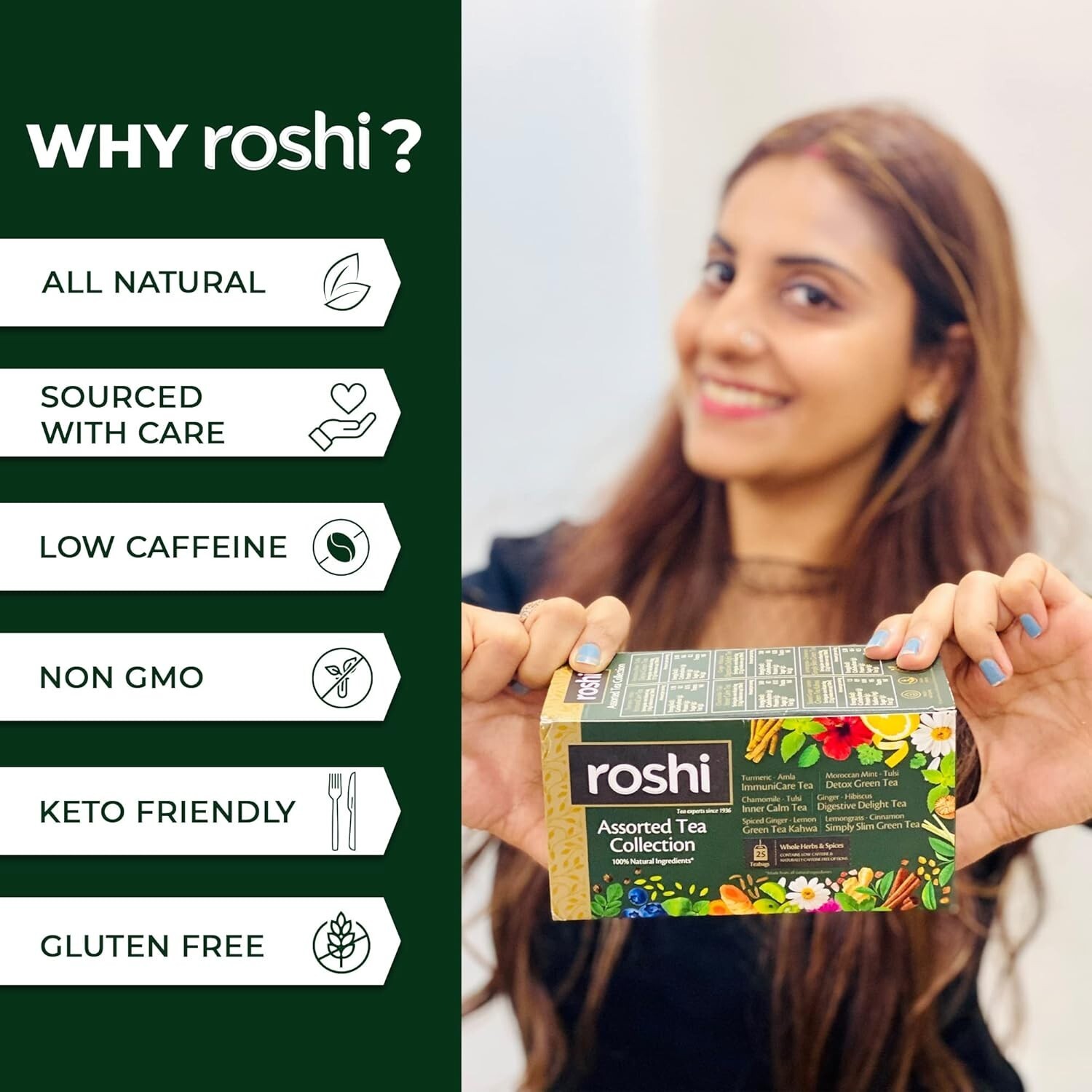 Roshi Assorted Herbal & Green Tea Collection (25 Tea bags) Chamomile Immunity