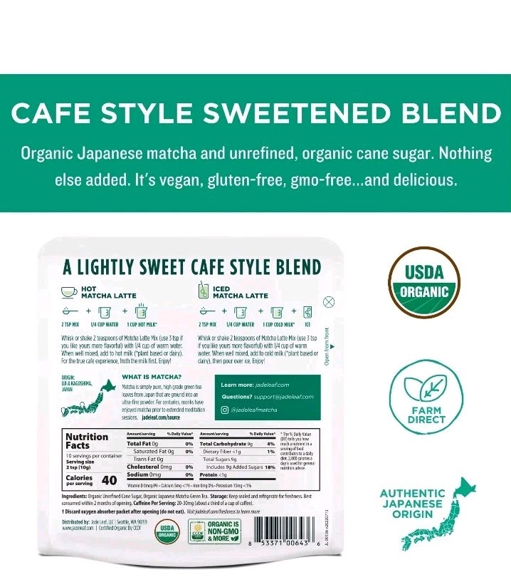 Jade Leaf Organic Japanese Matcha Latte Green Tea Powder CafeStyle Barista Craft