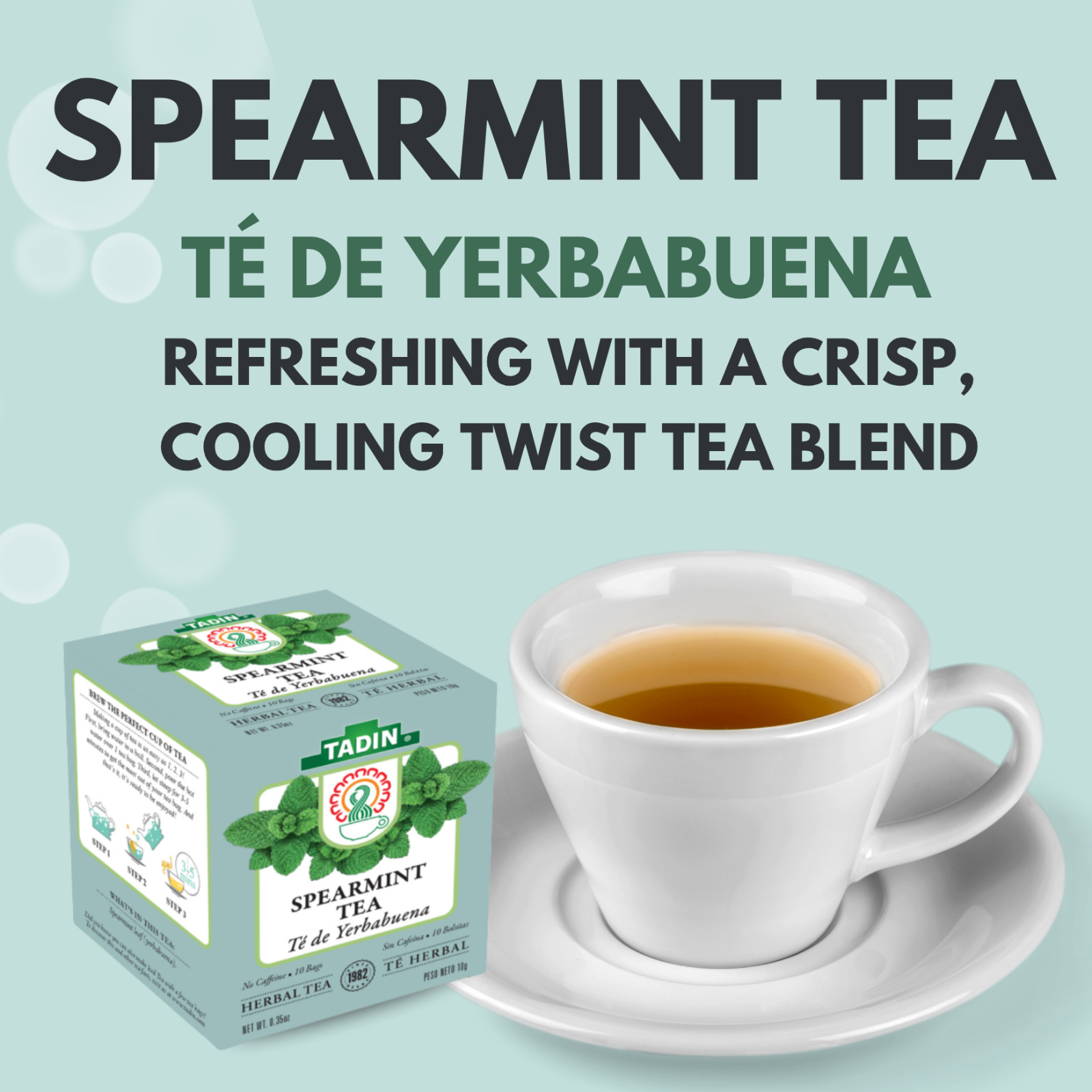Tadin Spearmint Herbal Tea, 10 Bags 0.35 oz – Cool & Refreshing Flavor (8-Pack)