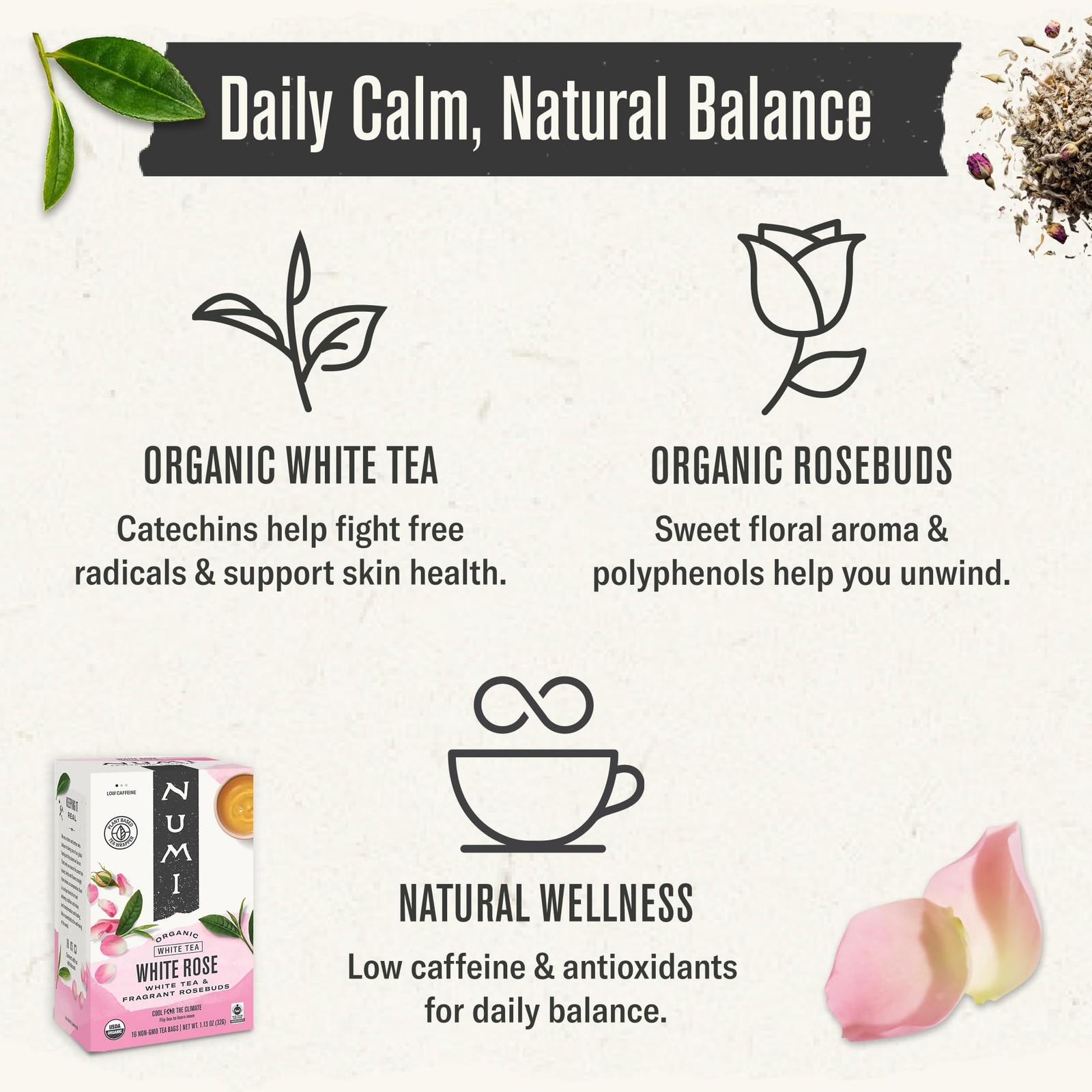 Numi Organic White Rose Tea, 16 Tea Bags, Low Caffeine