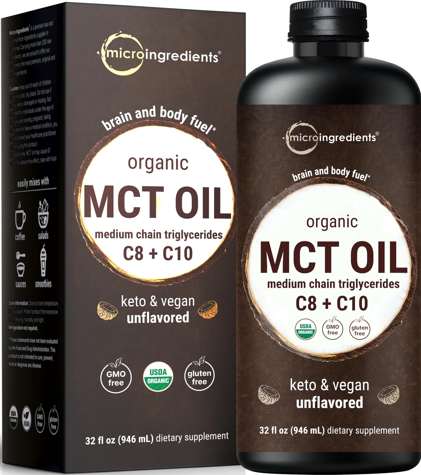 MCT Oil Organic, 32 fl oz |100% Virgin Coconut with C8 + 32 Fl Oz (Pack of 1)