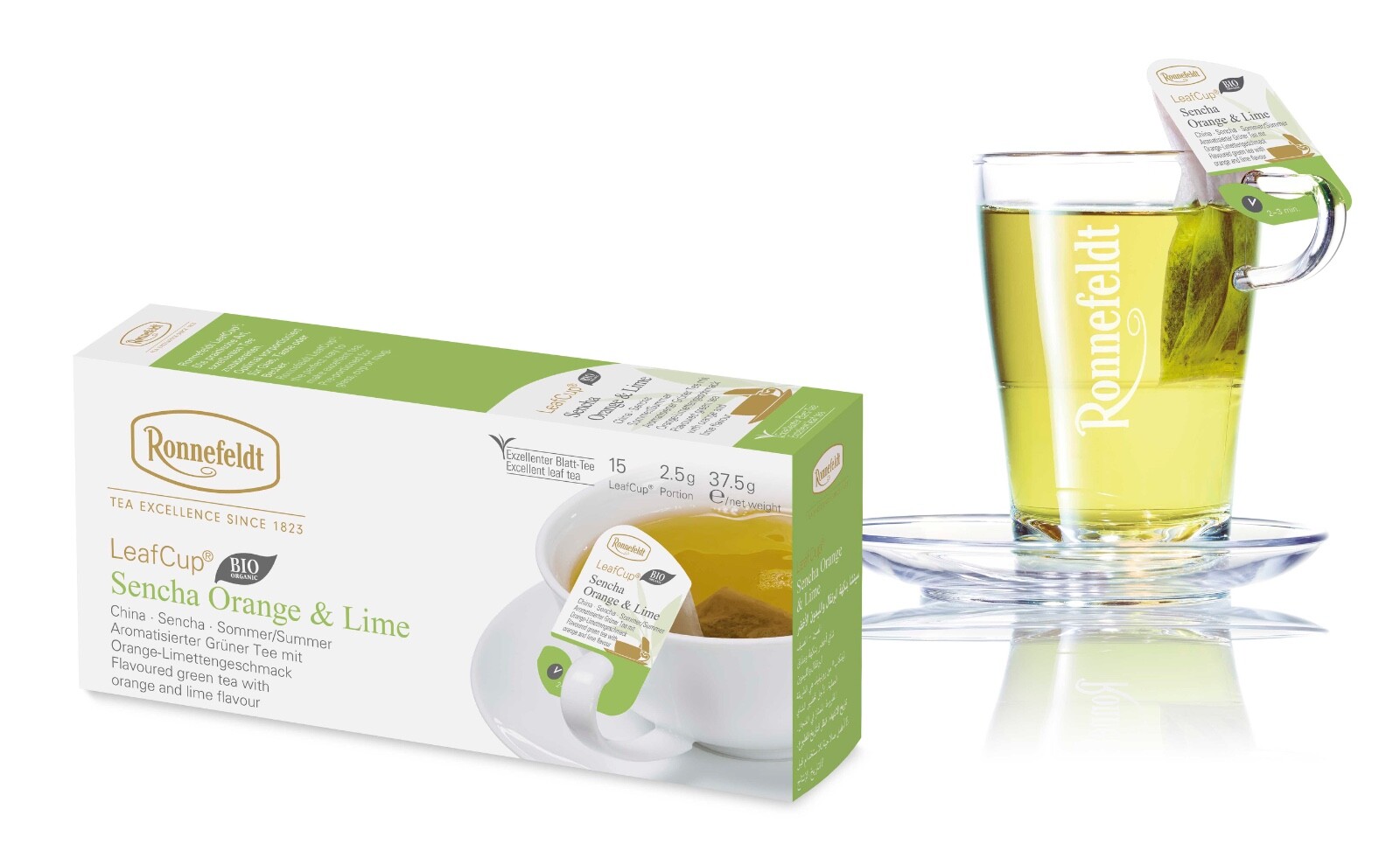Ronnefeldt Leafcup® Sencha Orange & Lime BIO. 15 Green tea Bags. Made in Germany