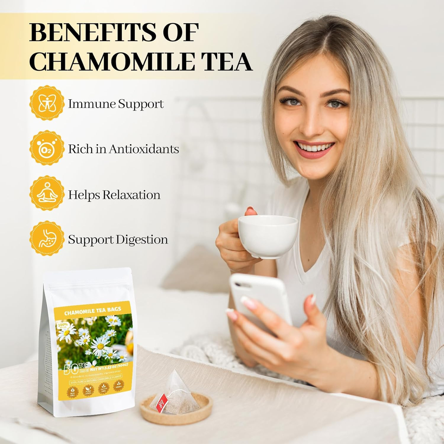 Chamomile Tea Bags, 100% Natural Dried Chamomile Tea Flowers Loose Leaf Premium
