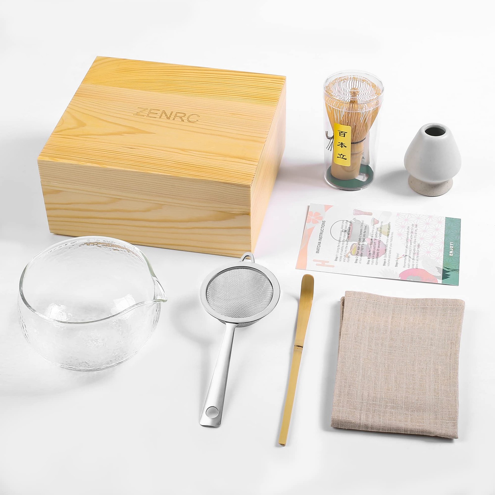 Bamboo Matcha Set – 13.5oz Glass Bowl, 100 Prong Whisk, Scoop – Travel Kit