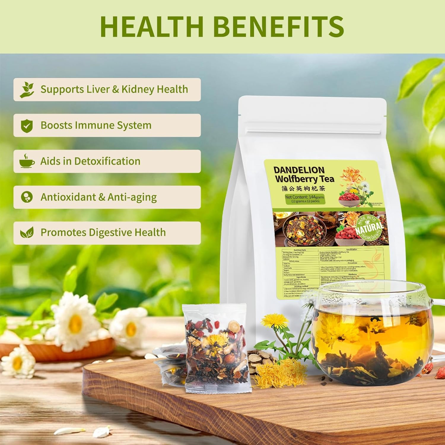 Dandelion Wolfberry Tea, Natural Kidneys & Liver Health Dandelion Root Tea with