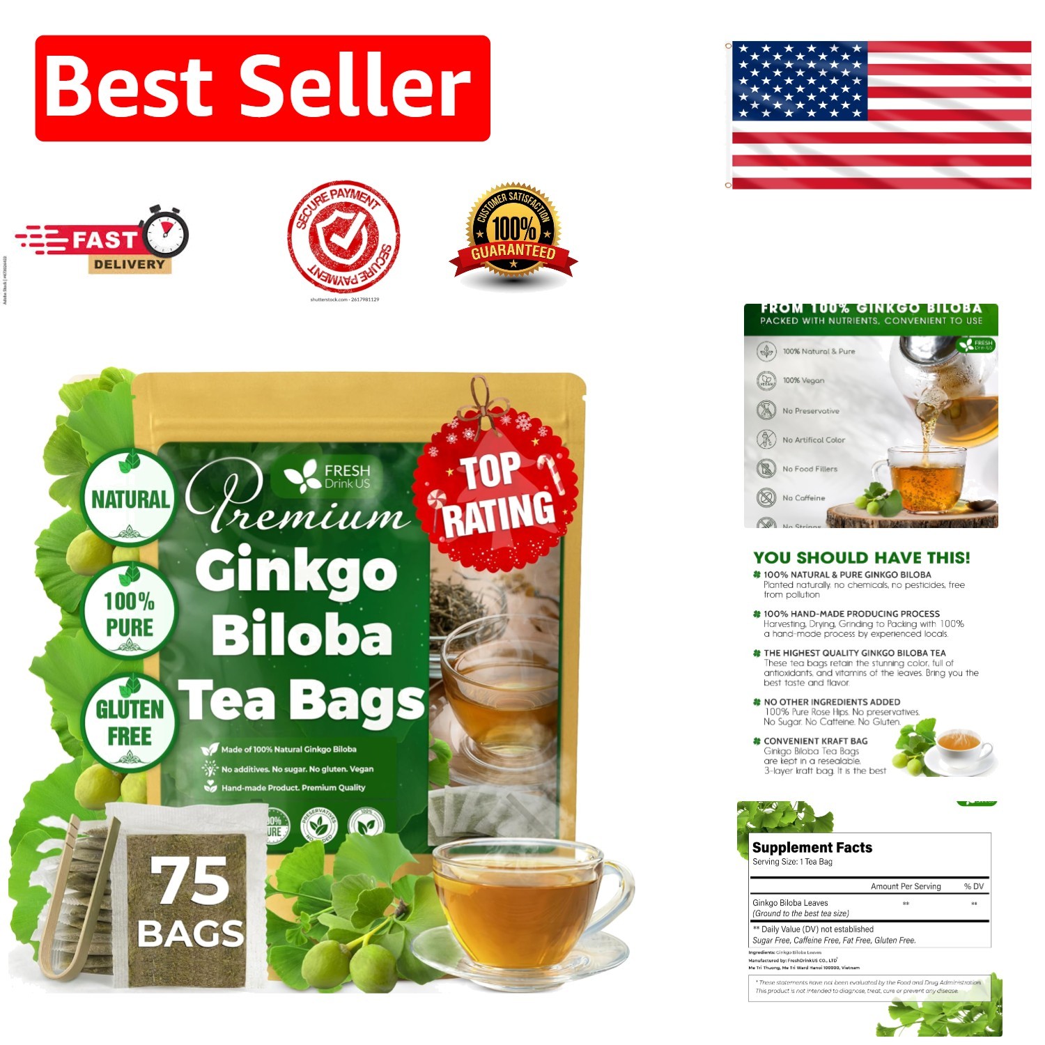 75 Count Ginkgo Biloba Tea Bags – 100% Natural & Pure Herbal Experience