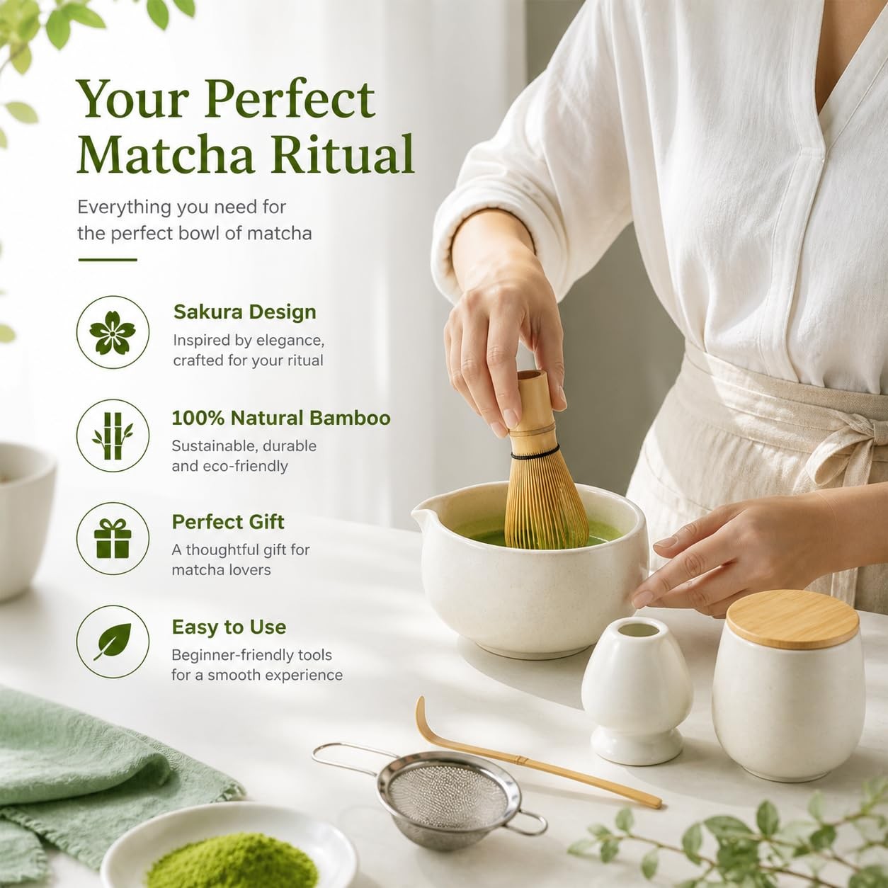 Matcha Whisk Set | 8PCS Ceramic Matcha Kit (White) with Bowl, Bamboo Whisk (C