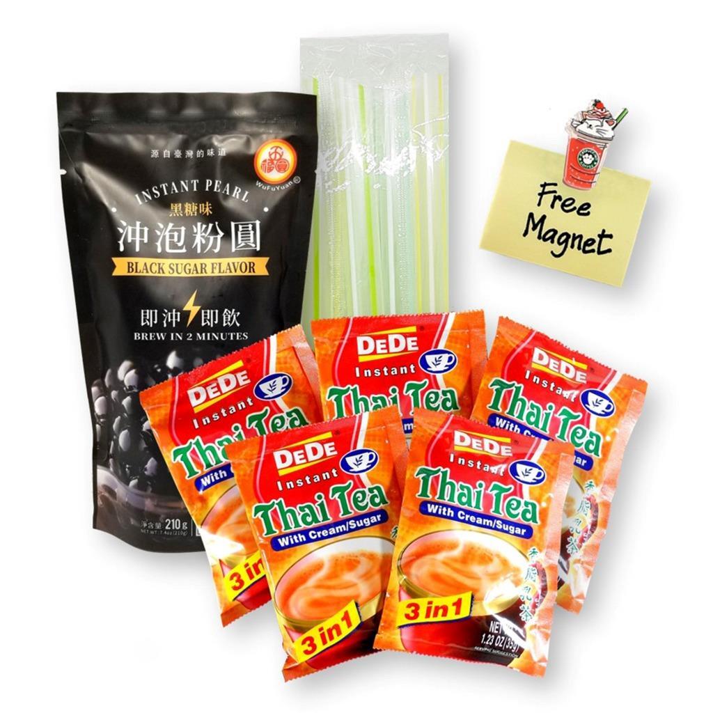 Boba Bubble Tea DIY Kit DeDe THAI TEA, WFY Instant Black Tapioca Pearls & Straws