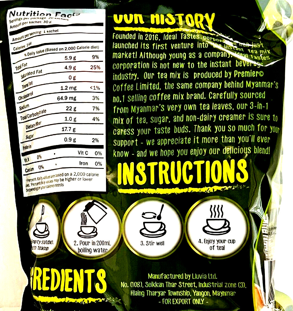 Ideal Taste 3-In-1 Instant Myanmar Tea Mix 20 Sachets x 30g~3/2026