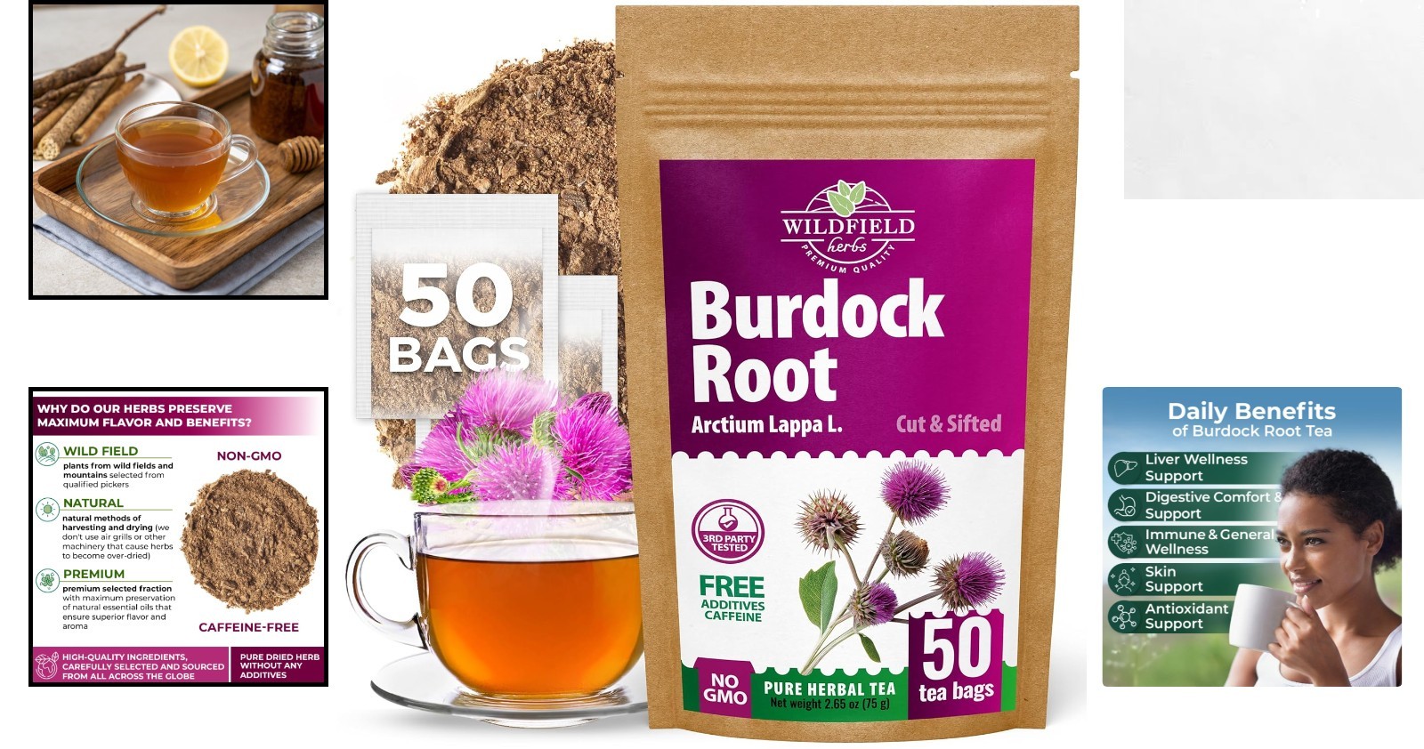 50 Count Burdock Root Herbal Tea Bags – Decaffeinated & Gluten Free